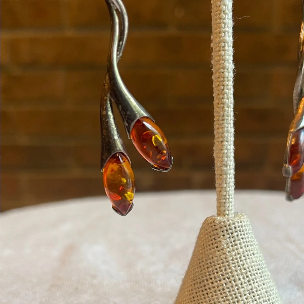Handmade Sterling Silver and Baltic Amber organic floral hook back drop earrings - Picture 3 of 11